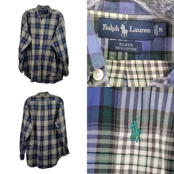 Polo Ralph Lauren Oxford Shirt Men's M Blue Plaid LS Button Down Blake - Picture 1 of 11